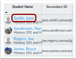 Screenshot of how to view an individual student's Grades page in CarmenCanvas gradebook.