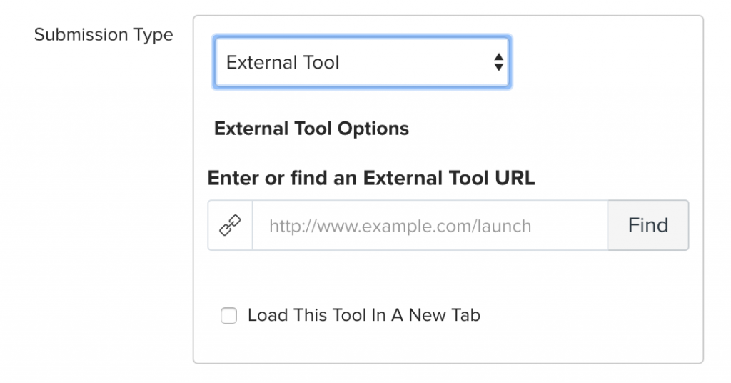 Screenshot of the External Tool option in Submission Type drop-down menu.