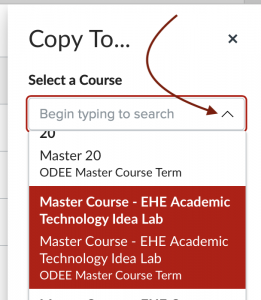 Copy To sidebar from CarmenCanvas. An arrow points to the dropdown arrow and a course is highlighted from the list that appears.